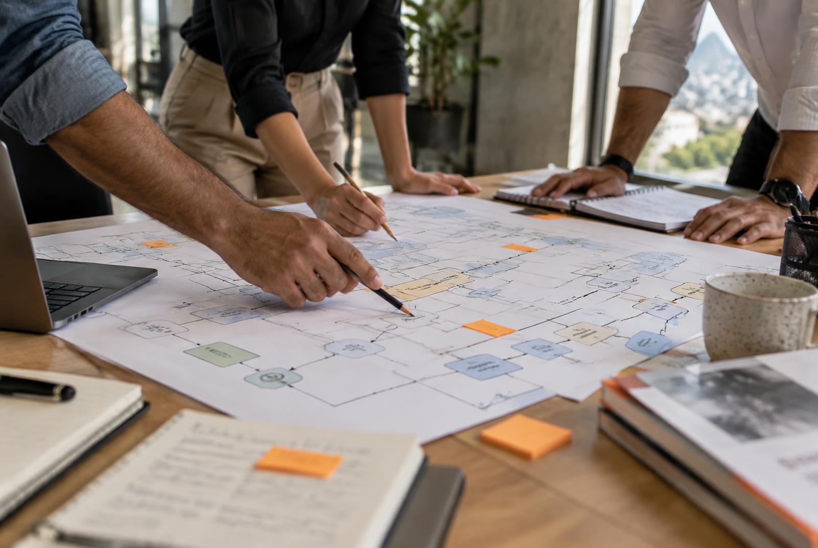 Profissionais analisando uma arquitetura de processos em uma mesa de trabalho